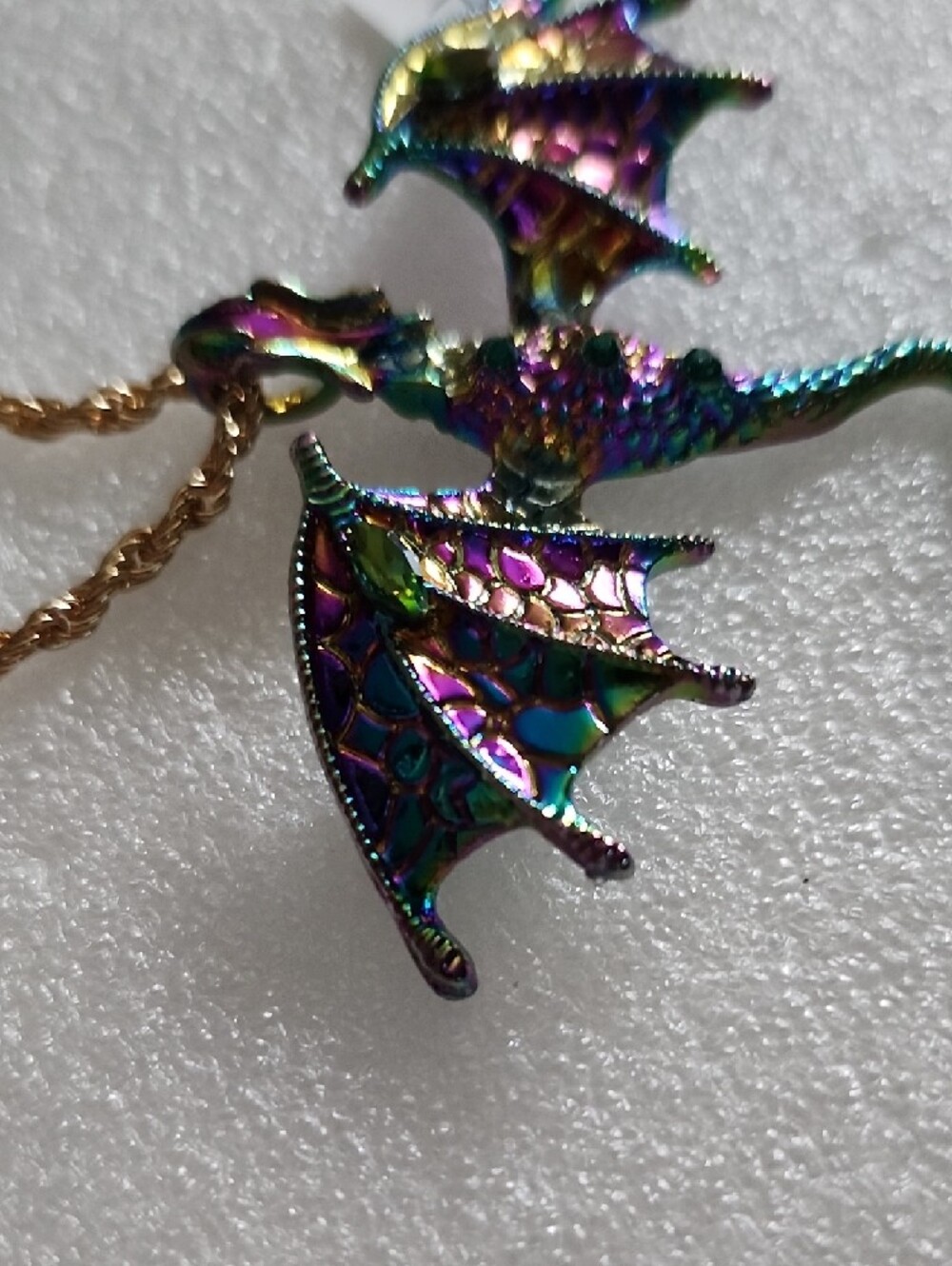 Hand Crafted Iridescent Dragon Pendant Necklace - Gold Chain - Picture 3 of 11